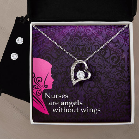 Nurses are angels Forever Love Necklace and Cubic Zirconia Earring Set