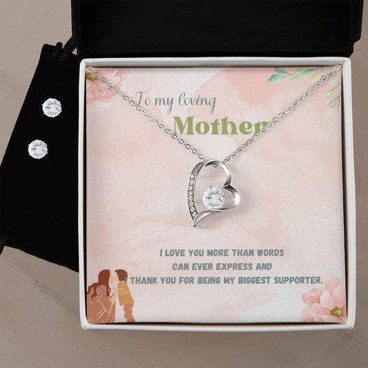 To My Loving Mother, I Love you More than Words Forever Love Necklace and Cubic Zirconia Earring Set