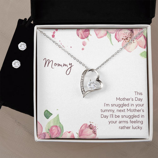 Mommy - Snuggled in Your tummy Forever Love Necklace and Cubic Zirconia Earring Set