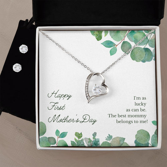 Happy First Mother's Day Forever Love Necklace and Cubic Zirconia Earring Set