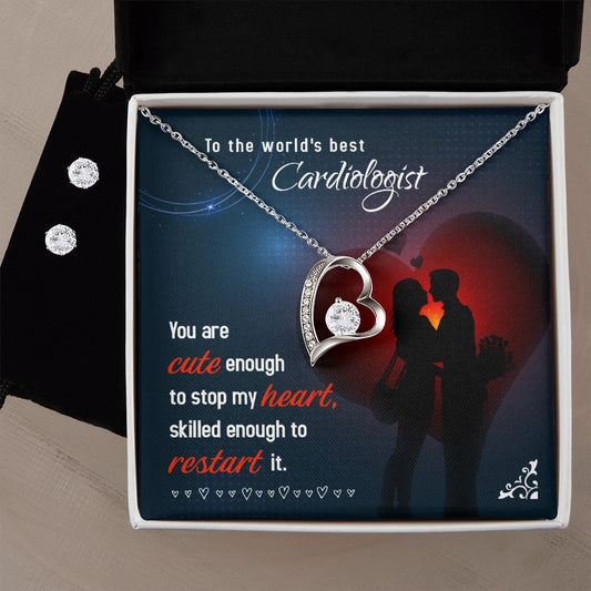 To The world's best Cardiologist Cute enough to stop Forever Love Necklace and Cubic Zirconia Earring Set