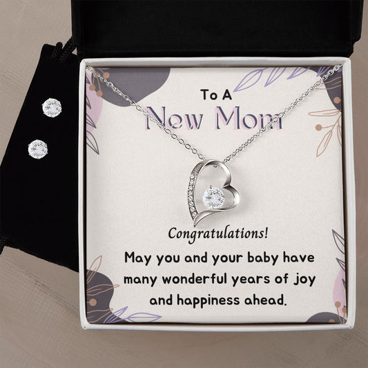 To a New Mom Forever Love Necklace and Cubic Zirconia Earring Set