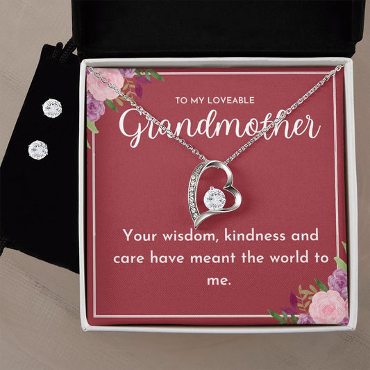 To My Loveable Grandmother- Forever Love Necklace and Cubic Zirconia Earring Set