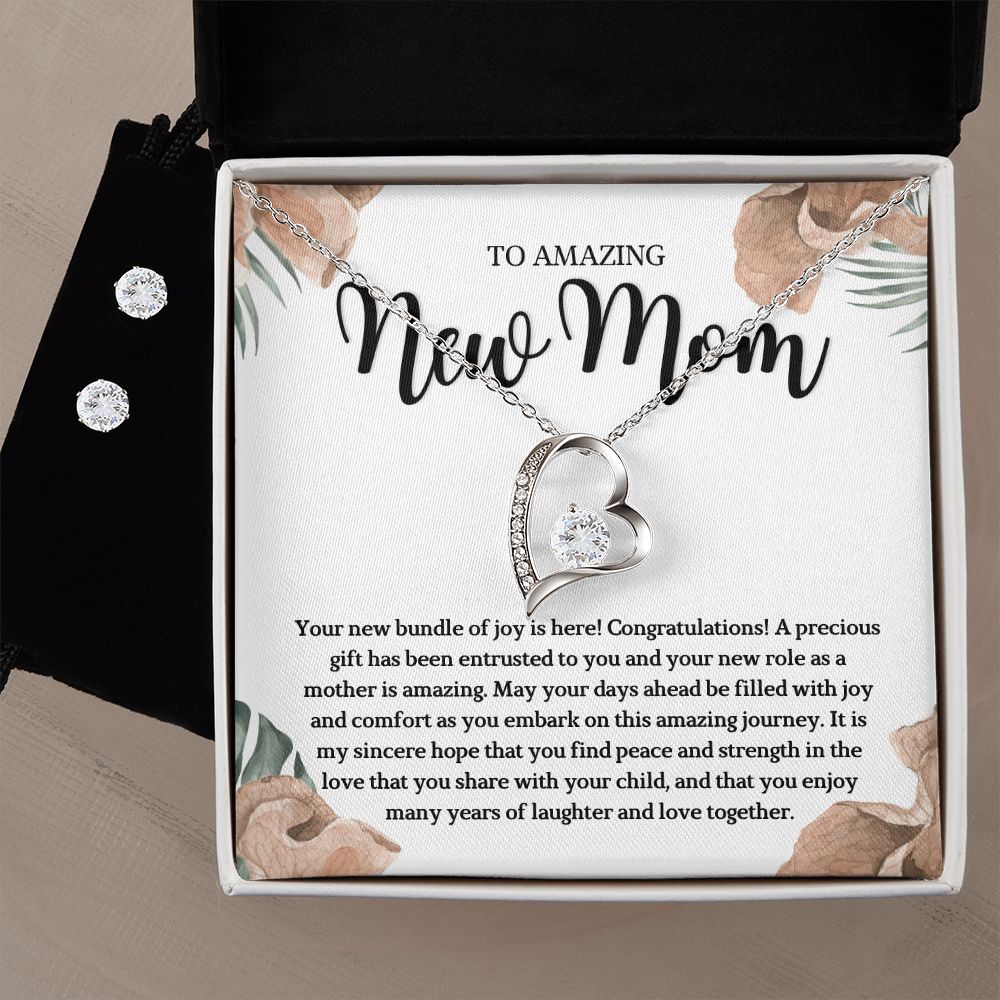 To Amazing new Mom- Forever Love Necklace and Cubic Zirconia Earring Set