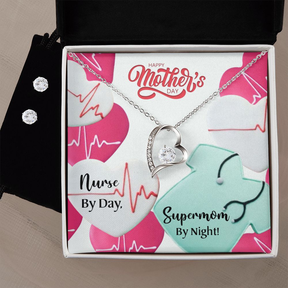 Nurse by Dad Happy Mothers Day mom  Forever Love Necklace and Cubic Zirconia Earring Set