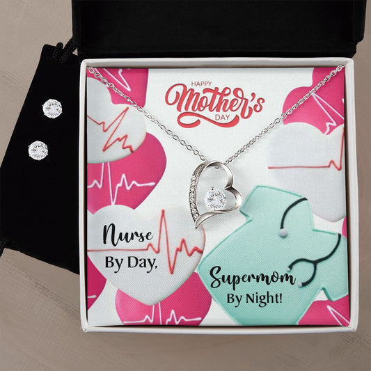 Nurse by Dad Happy Mothers Day mom  Forever Love Necklace and Cubic Zirconia Earring Set