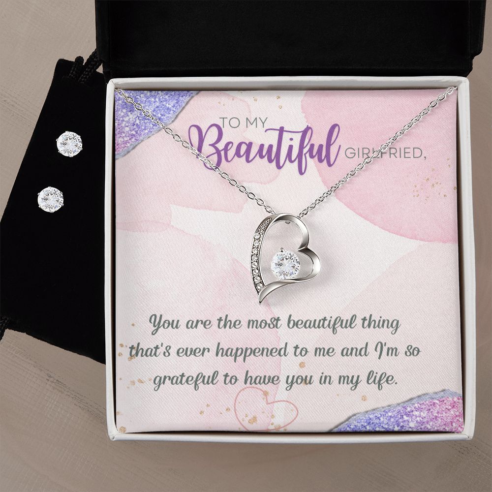 To My Beautiful Girlfriend you are the most beautiful thing that has happened to me Forever Love Necklace and Cubic Zirconia Earring Set
