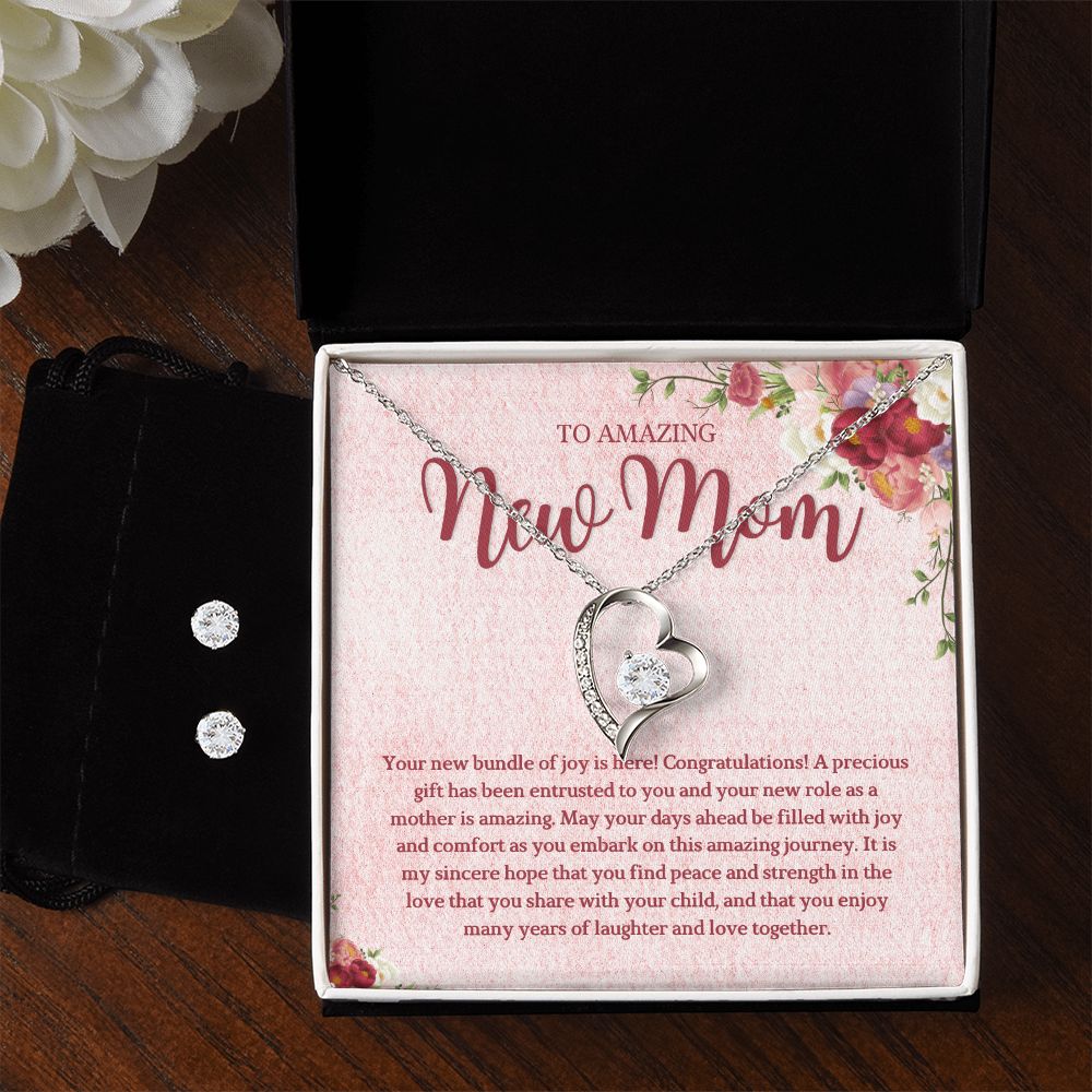 To Amazing new Mom Forever Love Necklace and Cubic Zirconia Earring Set