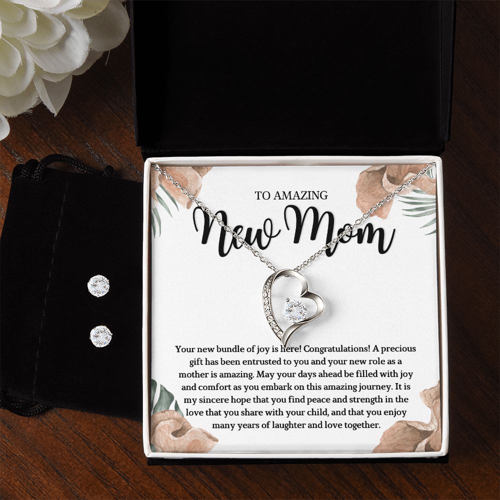 To Amazing new Mom- Forever Love Necklace and Cubic Zirconia Earring Set