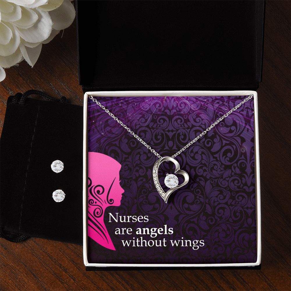 Nurses are angels Forever Love Necklace and Cubic Zirconia Earring Set