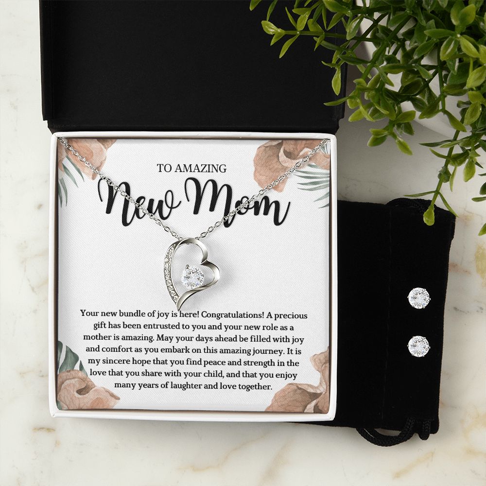 To Amazing new Mom- Forever Love Necklace and Cubic Zirconia Earring Set