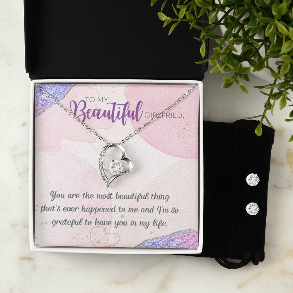 To My Beautiful Girlfriend you are the most beautiful thing that has happened to me Forever Love Necklace and Cubic Zirconia Earring Set