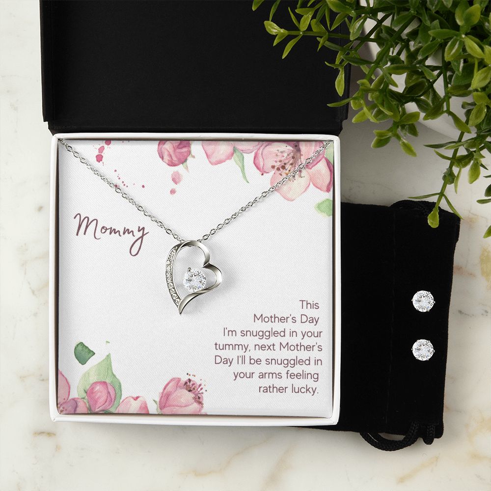 Mommy - Snuggled in Your tummy Forever Love Necklace and Cubic Zirconia Earring Set