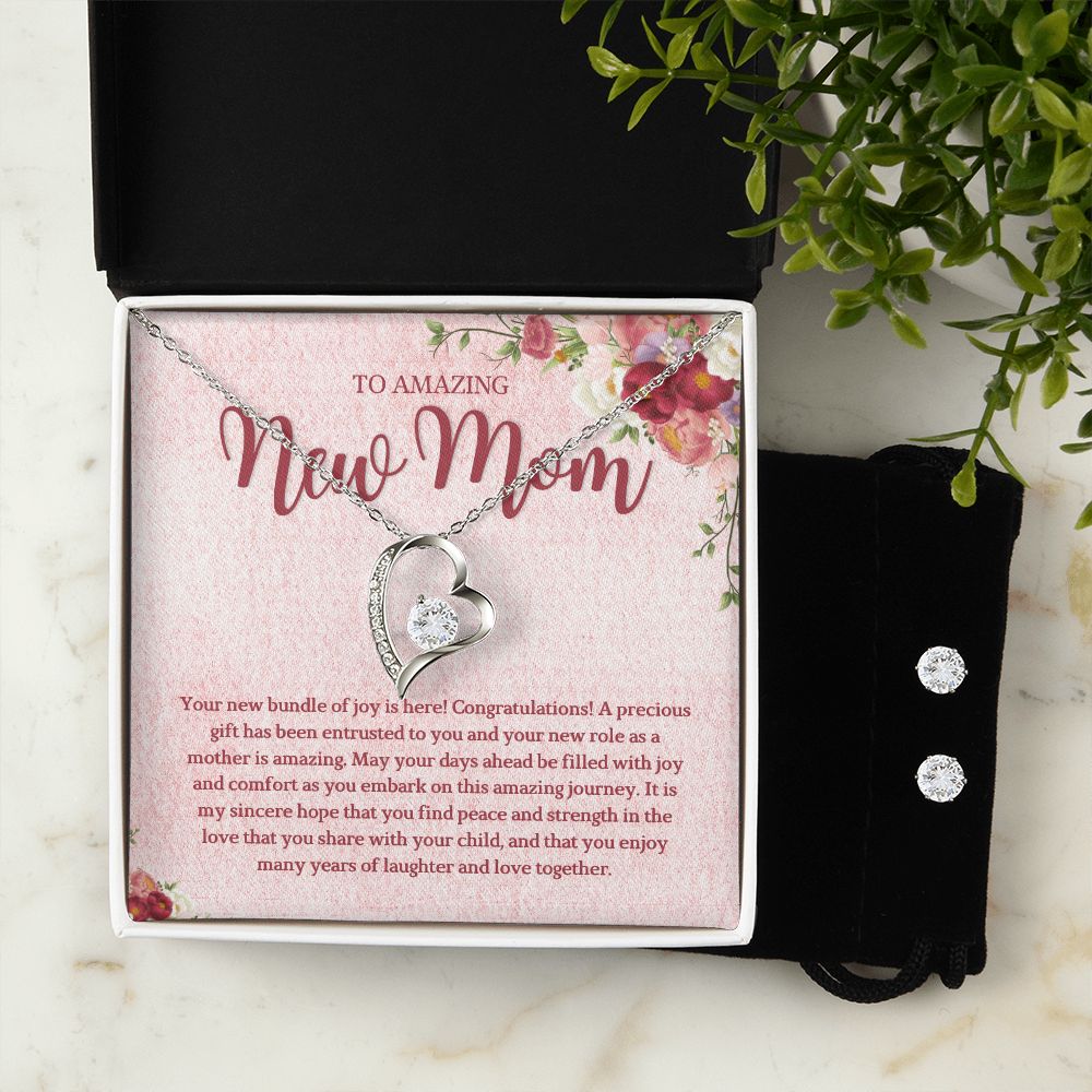 To Amazing new Mom Forever Love Necklace and Cubic Zirconia Earring Set