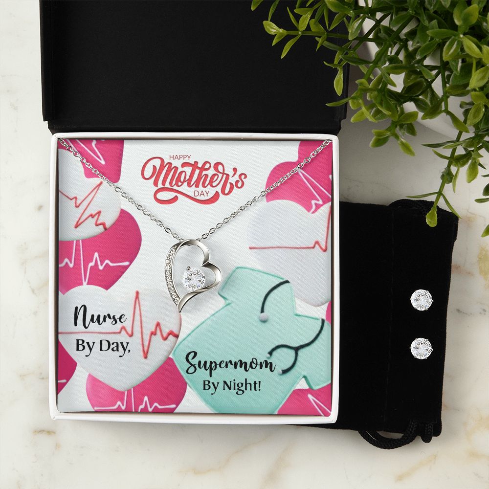 Nurse by Dad Happy Mothers Day mom  Forever Love Necklace and Cubic Zirconia Earring Set