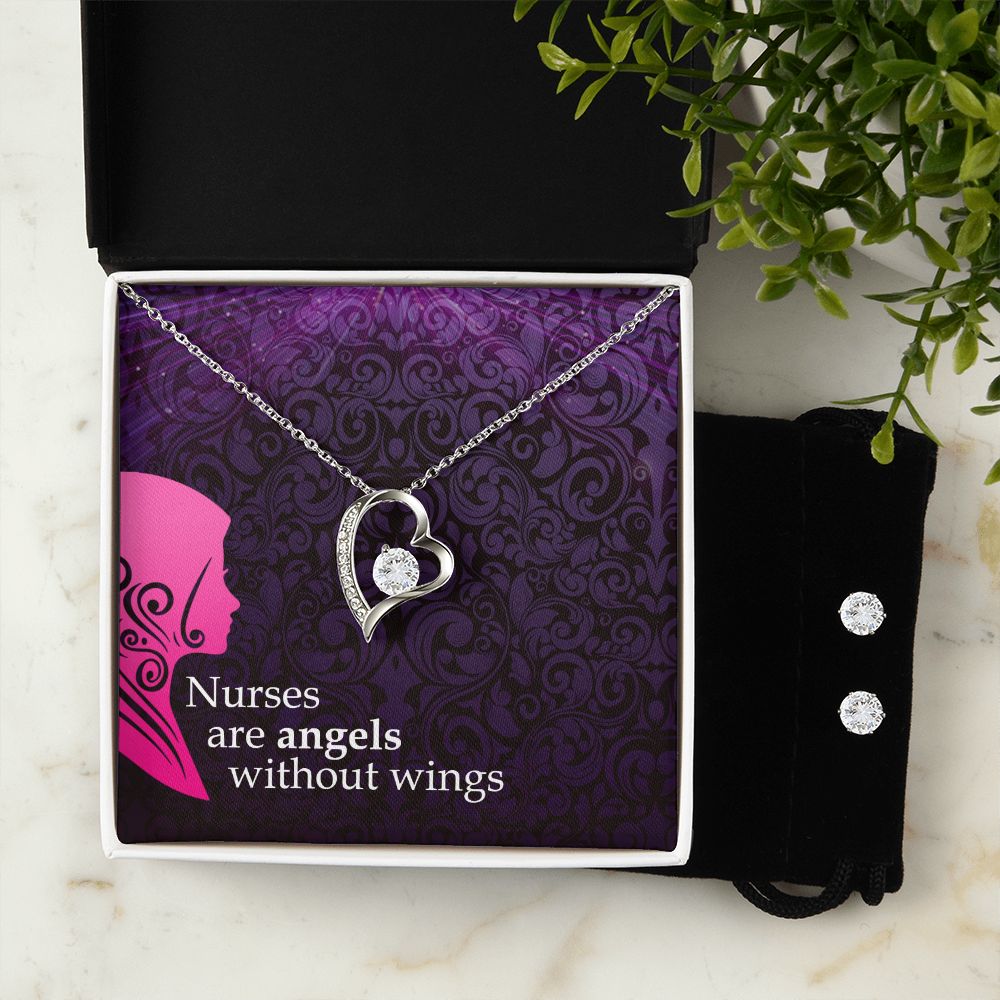Nurses are angels Forever Love Necklace and Cubic Zirconia Earring Set