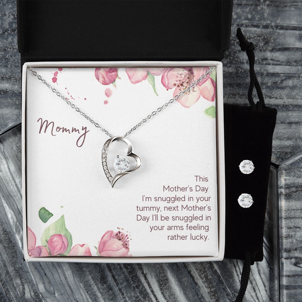 Mommy - Snuggled in Your tummy Forever Love Necklace and Cubic Zirconia Earring Set