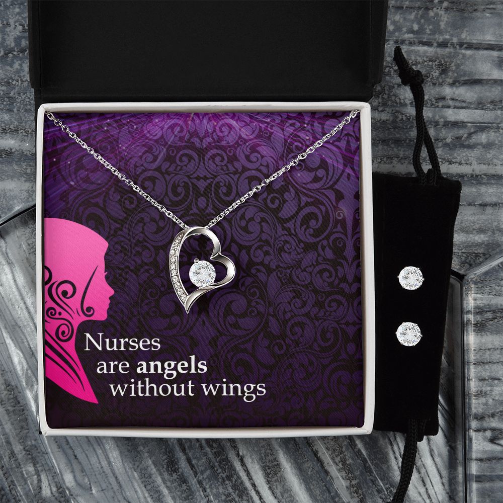 Nurses are angels Forever Love Necklace and Cubic Zirconia Earring Set
