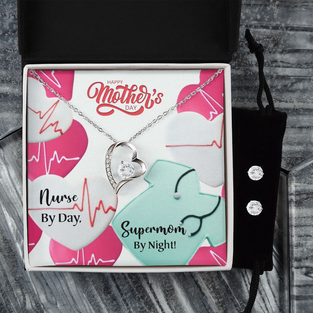 Nurse by Dad Happy Mothers Day mom  Forever Love Necklace and Cubic Zirconia Earring Set