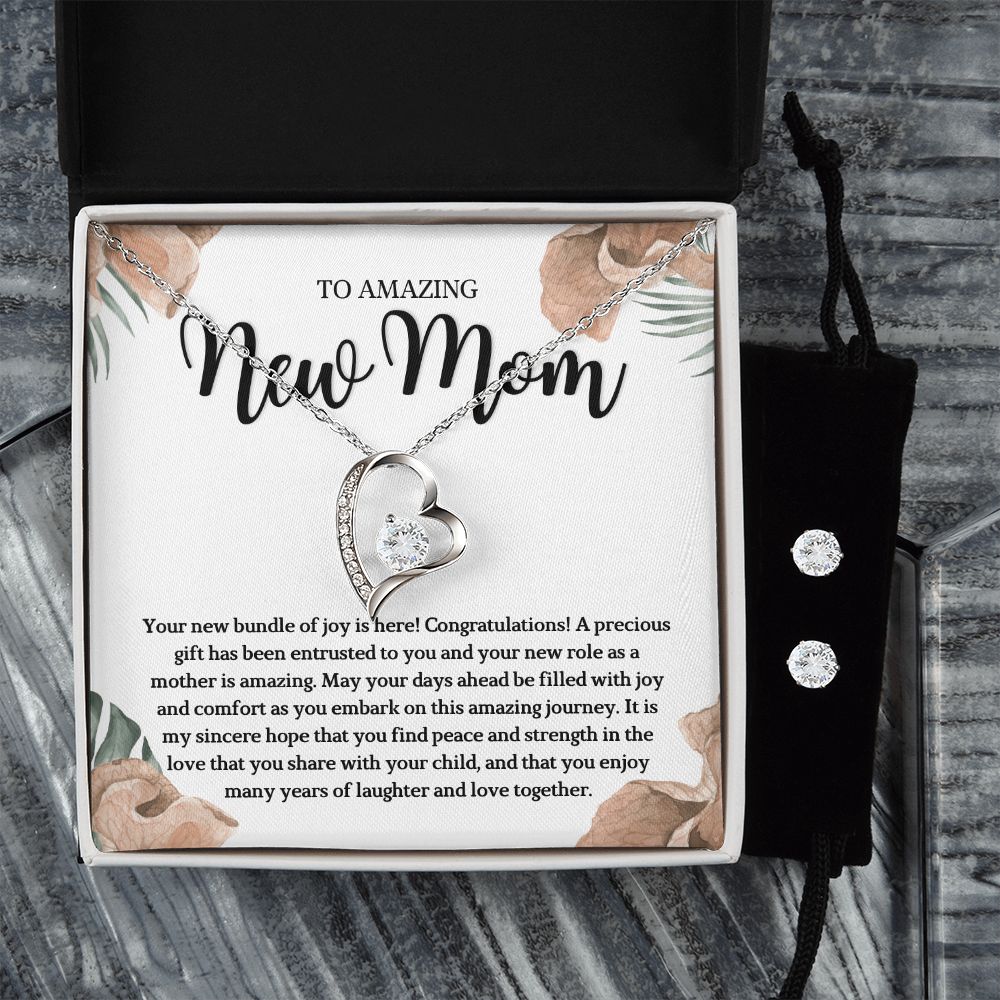 To Amazing new Mom- Forever Love Necklace and Cubic Zirconia Earring Set
