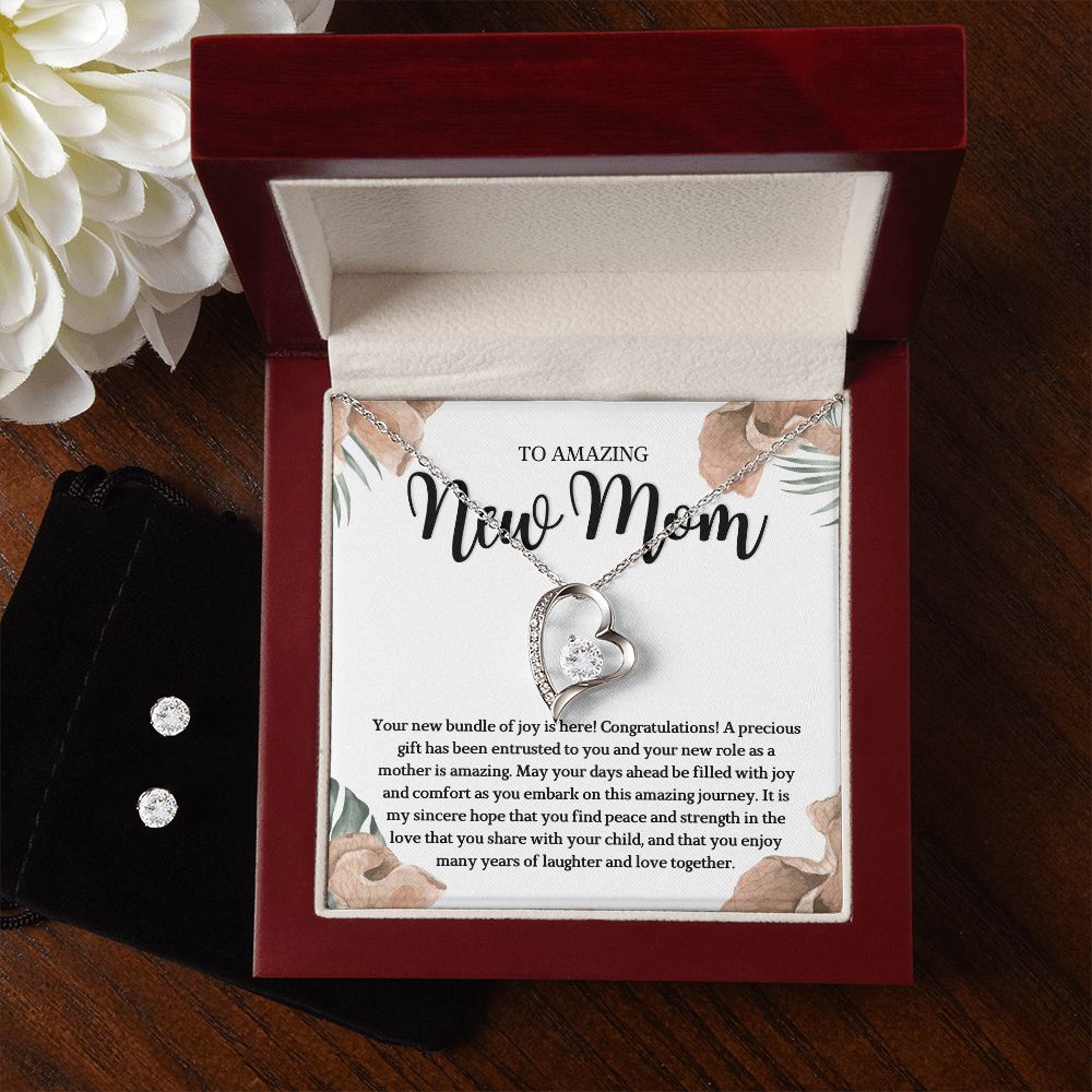 To Amazing new Mom- Forever Love Necklace and Cubic Zirconia Earring Set