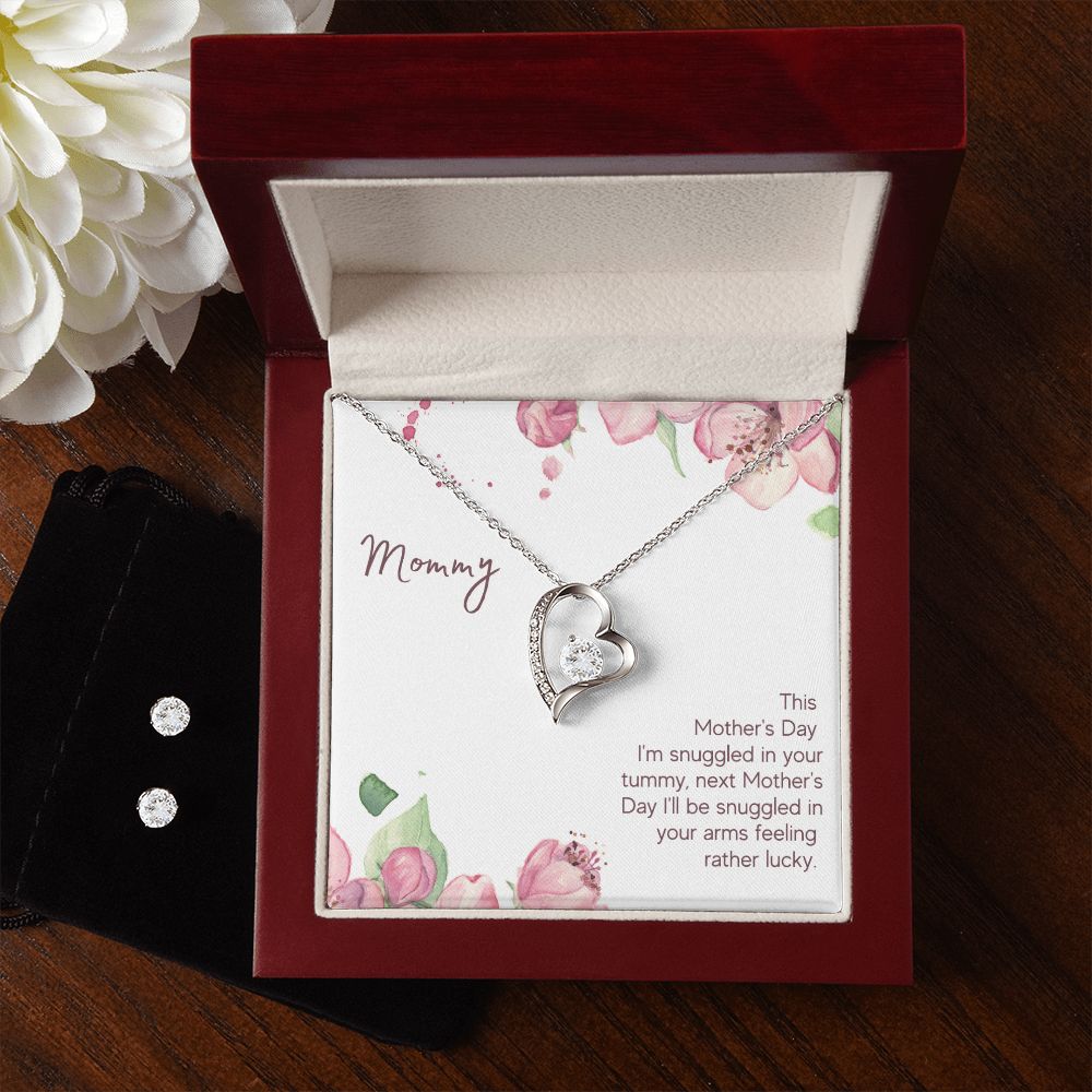 Mommy - Snuggled in Your tummy Forever Love Necklace and Cubic Zirconia Earring Set