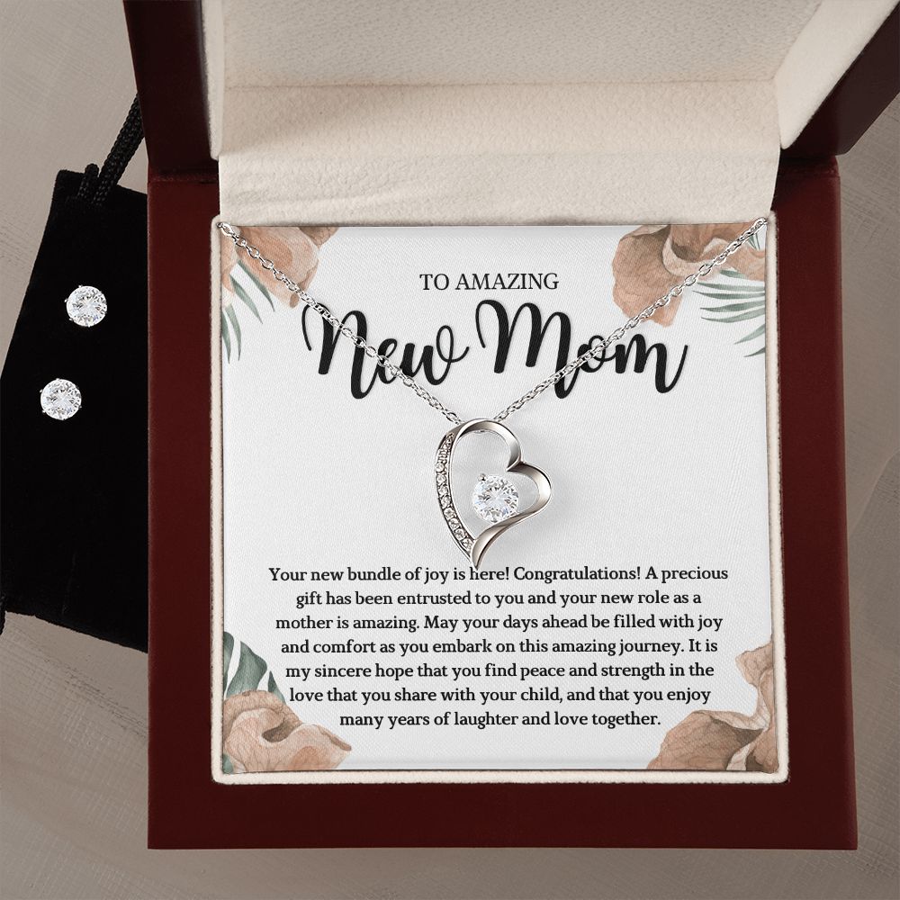To Amazing new Mom- Forever Love Necklace and Cubic Zirconia Earring Set