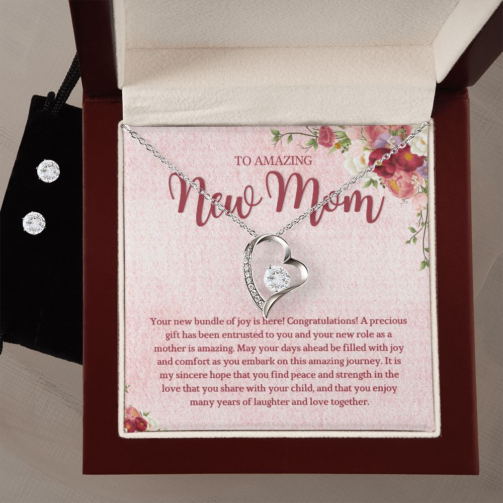 To Amazing new Mom Forever Love Necklace and Cubic Zirconia Earring Set