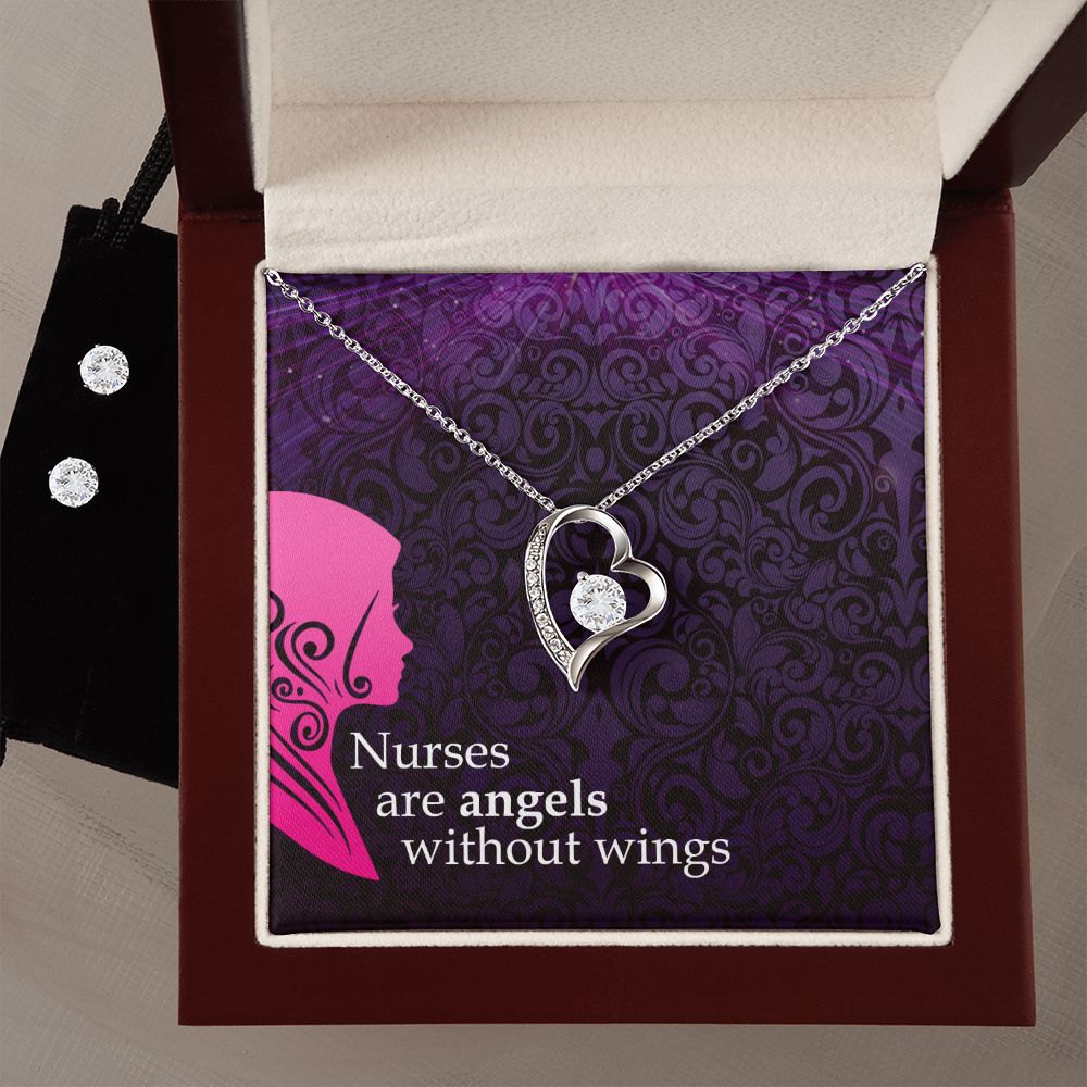 Nurses are angels Forever Love Necklace and Cubic Zirconia Earring Set
