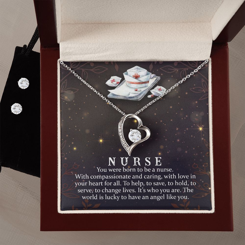 Nurse You were born to be Forever Love Necklace and Cubic Zirconia Earring Set