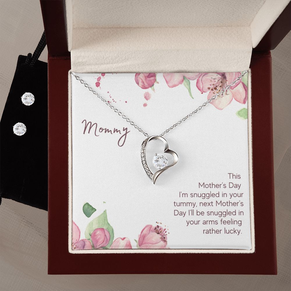 Mommy - Snuggled in Your tummy Forever Love Necklace and Cubic Zirconia Earring Set