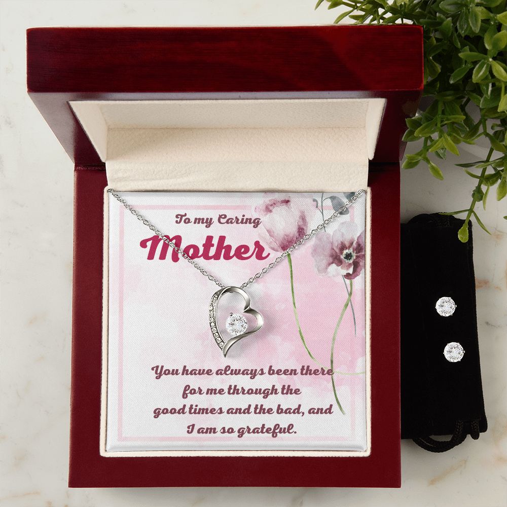 To My Caring Mother Forever Love Necklace and Cubic Zirconia Earring Set