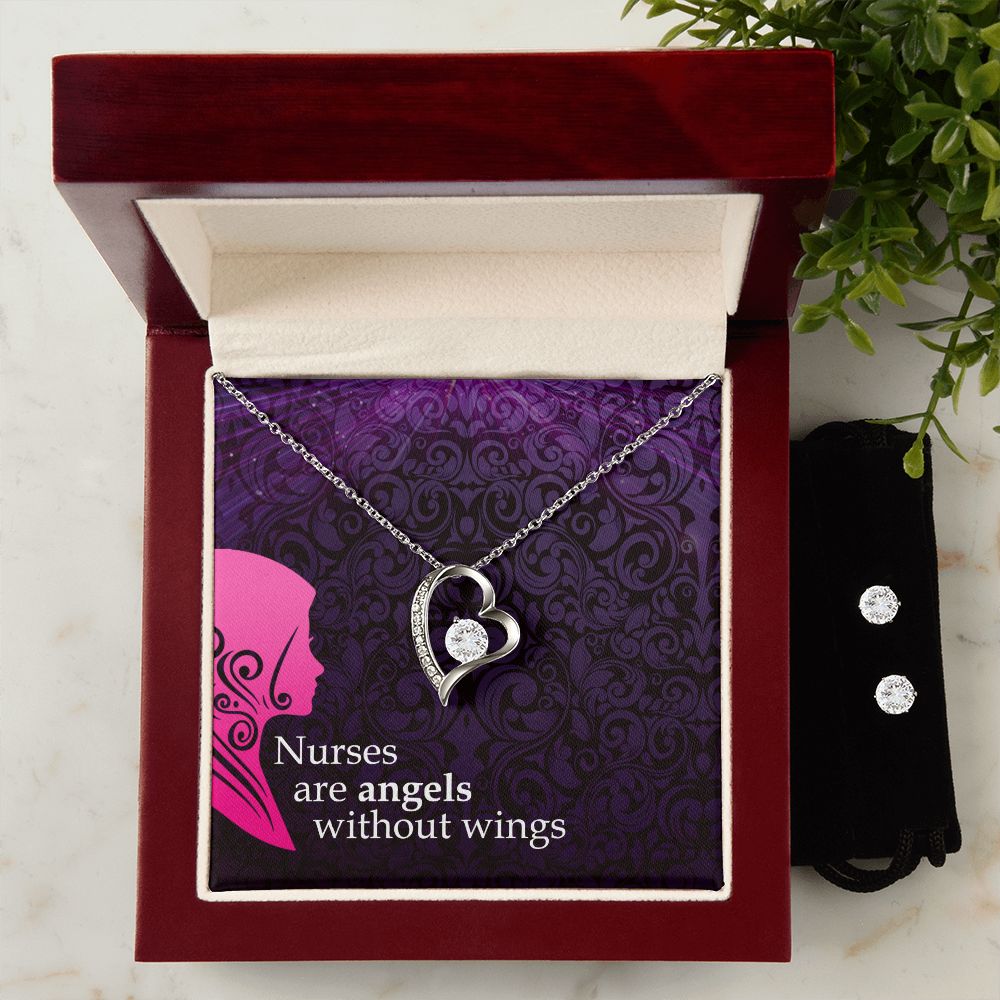Nurses are angels Forever Love Necklace and Cubic Zirconia Earring Set