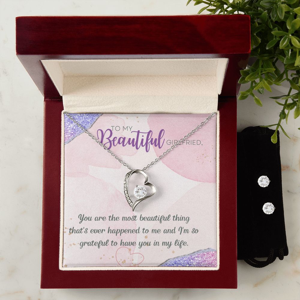 To My Beautiful Girlfriend you are the most beautiful thing that has happened to me Forever Love Necklace and Cubic Zirconia Earring Set