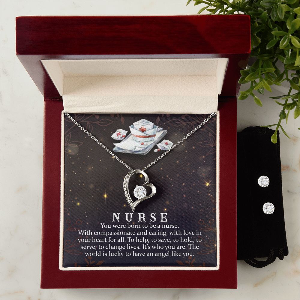 Nurse You were born to be Forever Love Necklace and Cubic Zirconia Earring Set