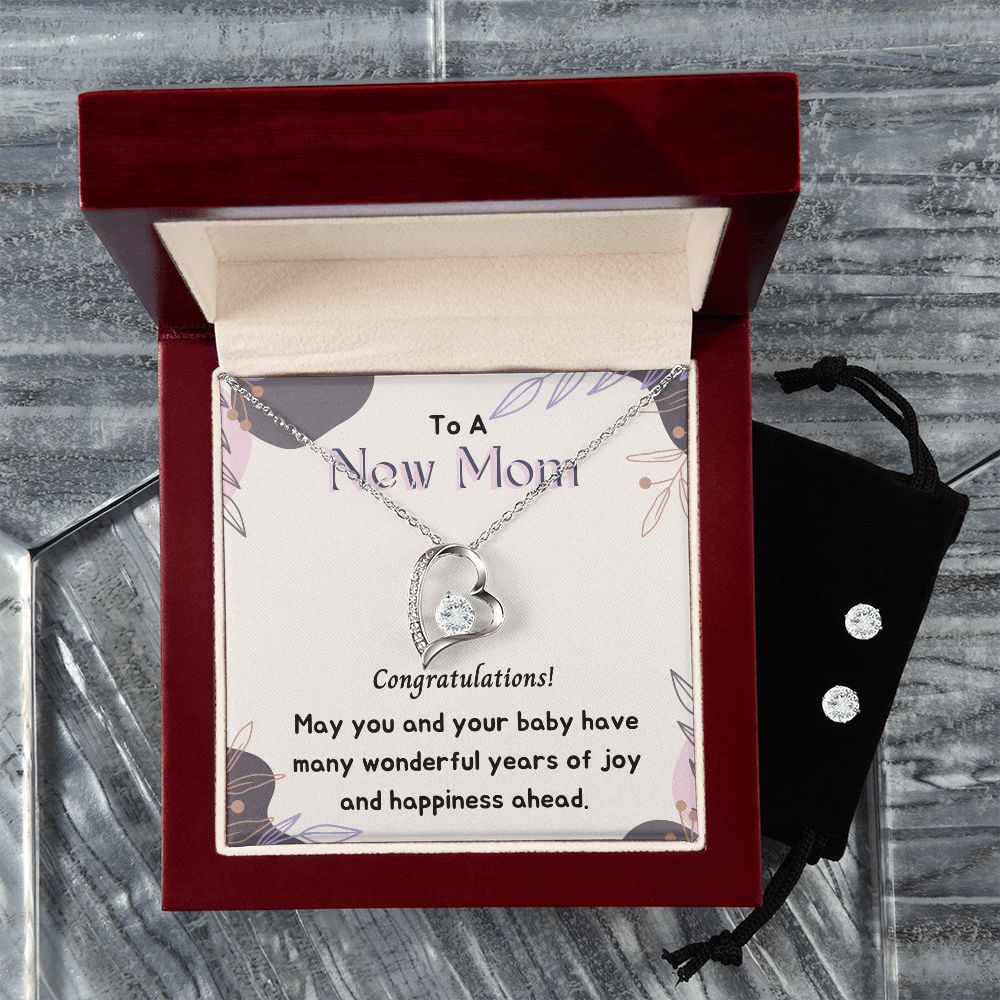 To a New Mom Forever Love Necklace and Cubic Zirconia Earring Set