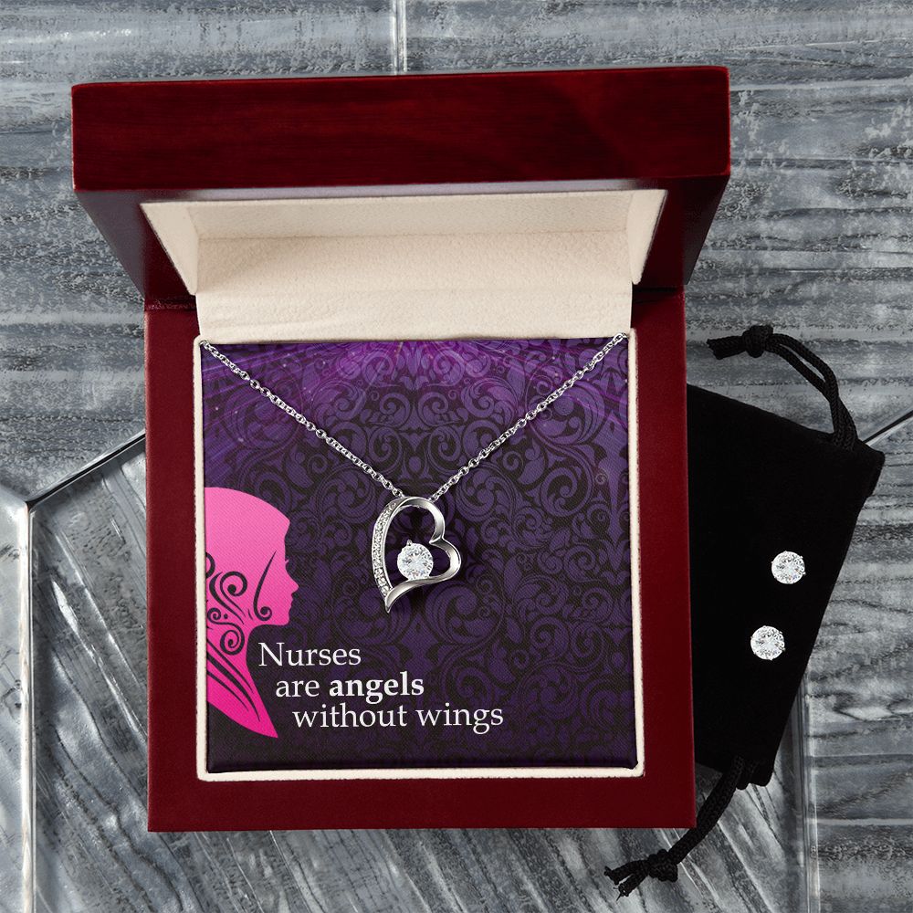 Nurses are angels Forever Love Necklace and Cubic Zirconia Earring Set