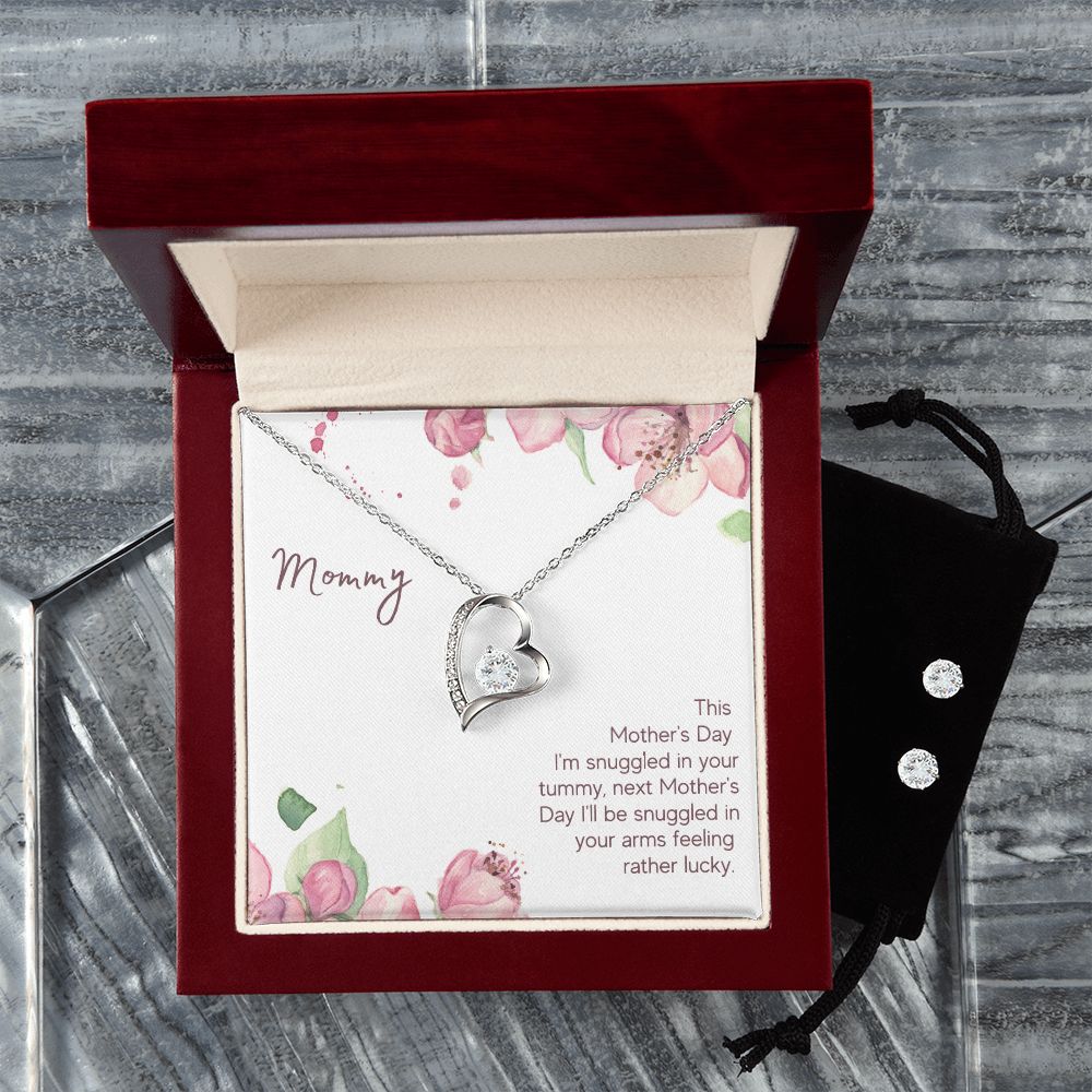 Mommy - Snuggled in Your tummy Forever Love Necklace and Cubic Zirconia Earring Set
