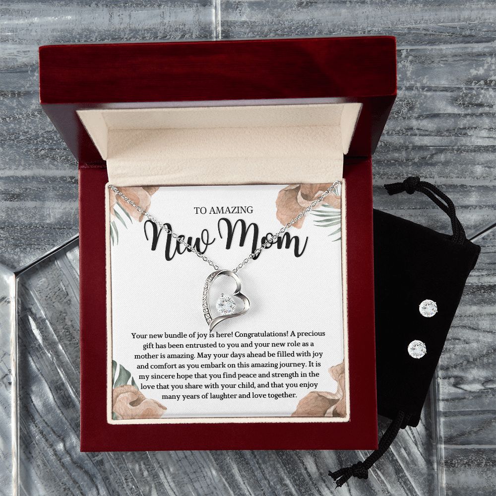 To Amazing new Mom- Forever Love Necklace and Cubic Zirconia Earring Set