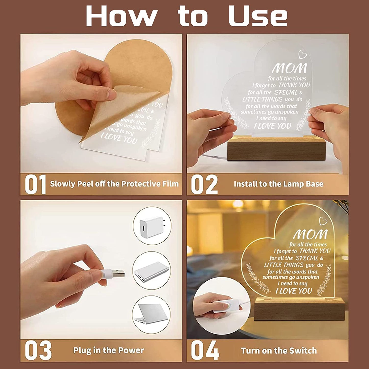 Mom Birthday Valentines Gifts Mothers Day, Acrylic Engraved Night Light 15*19CM