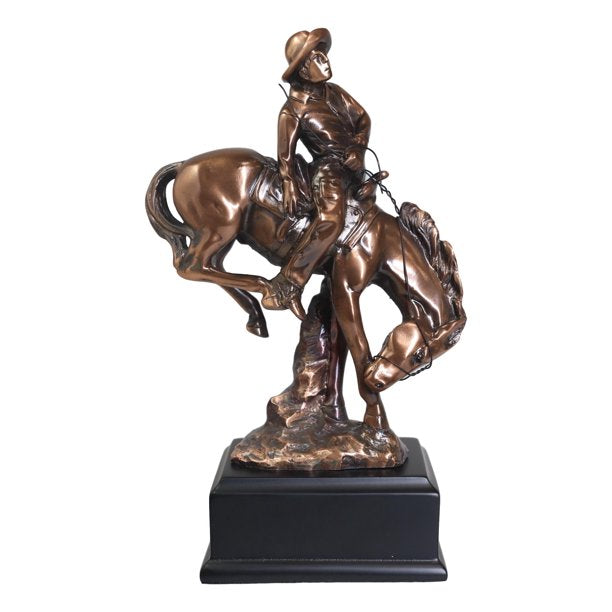 Western Rodeo Cowboy W/ Bucking Horse Bronze Electroplated Figurine