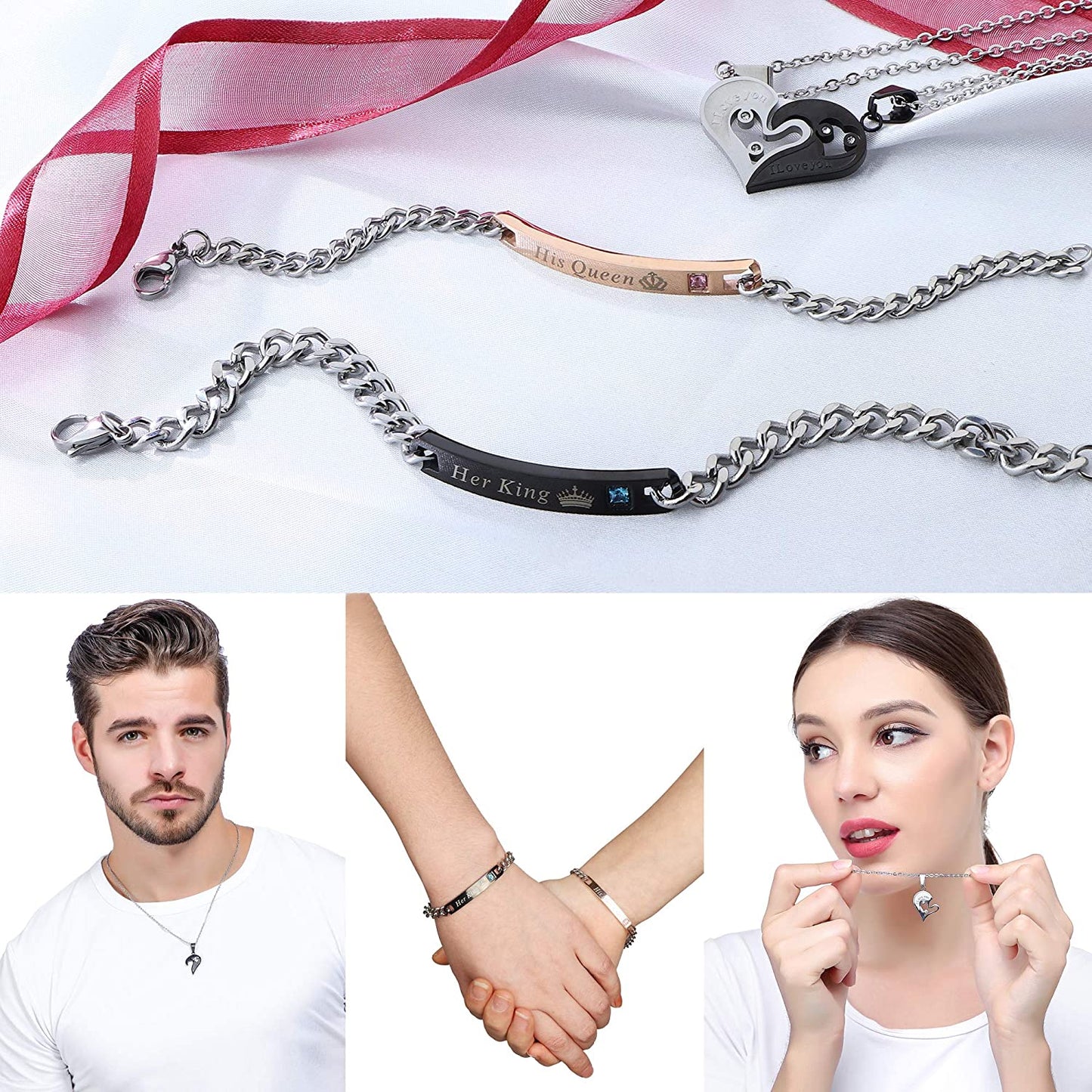 4Pcs Couple Love Heart Pendant Necklace Bracelets Matching Set