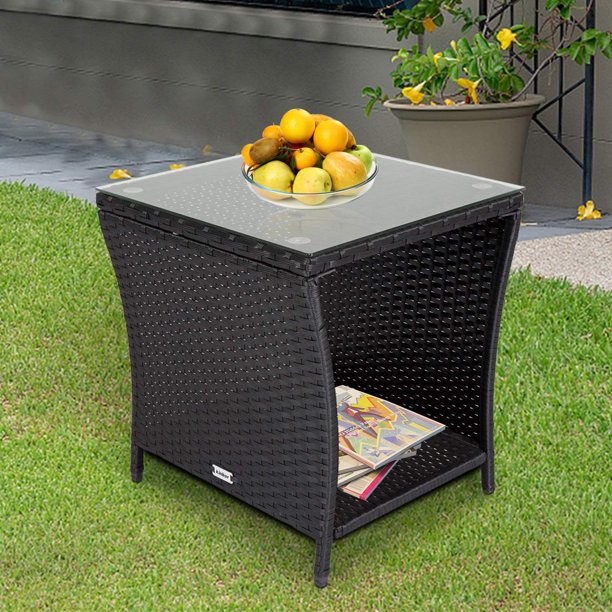 Wicker Porch Square Side Table With Storage, Black