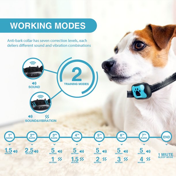 Dog Bark Collar Humane, Rechargeable Anti Barking Collar w/ 7 Adjustable Levels for Small Medium Large Dogs, Waterproof (Blue)