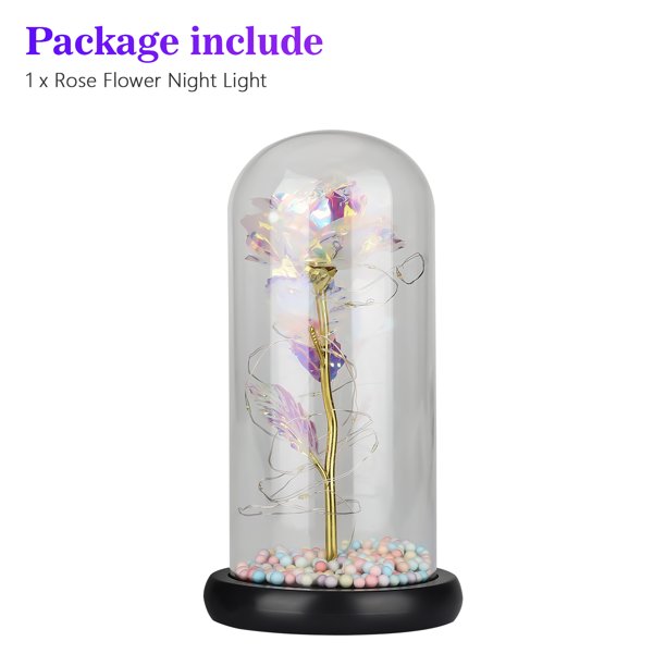 Colorful Galaxy Rose Flower Gift in Glass Dome, Artificial Flower Rose w/ LED Light String