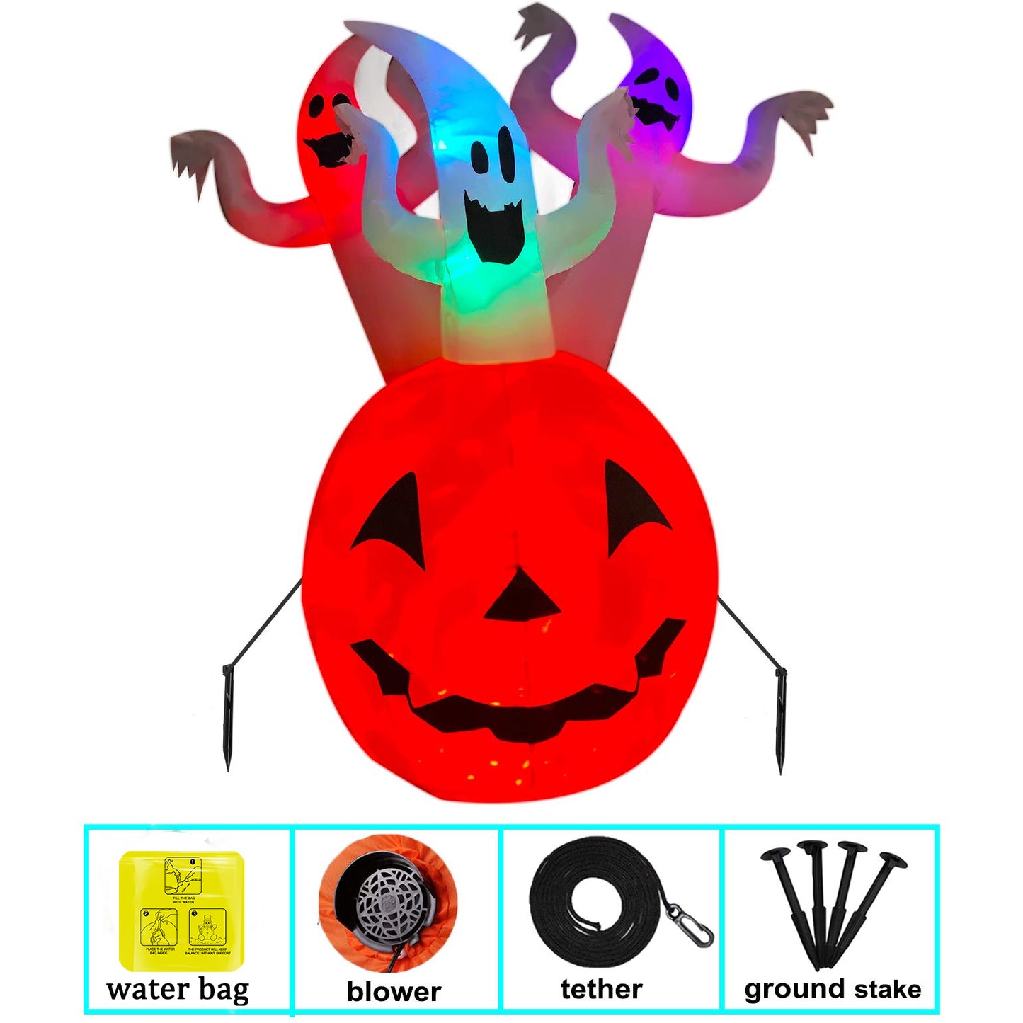 6ft Inflatable Halloween Spooky Three Pumpkin Ghost w/ LED Lights