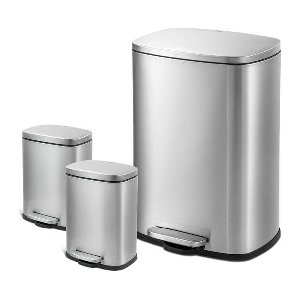 Silver Rectangular Step Garbage Can 3 Piece Combo