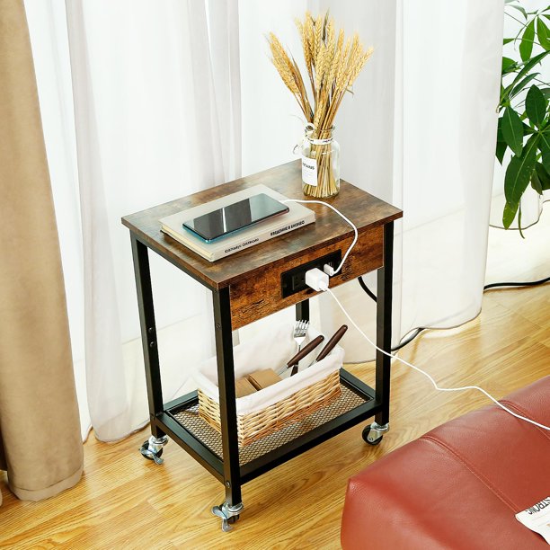 End Table w/ Charging Station & USB Ports w/ Wheels & Storage Shelf