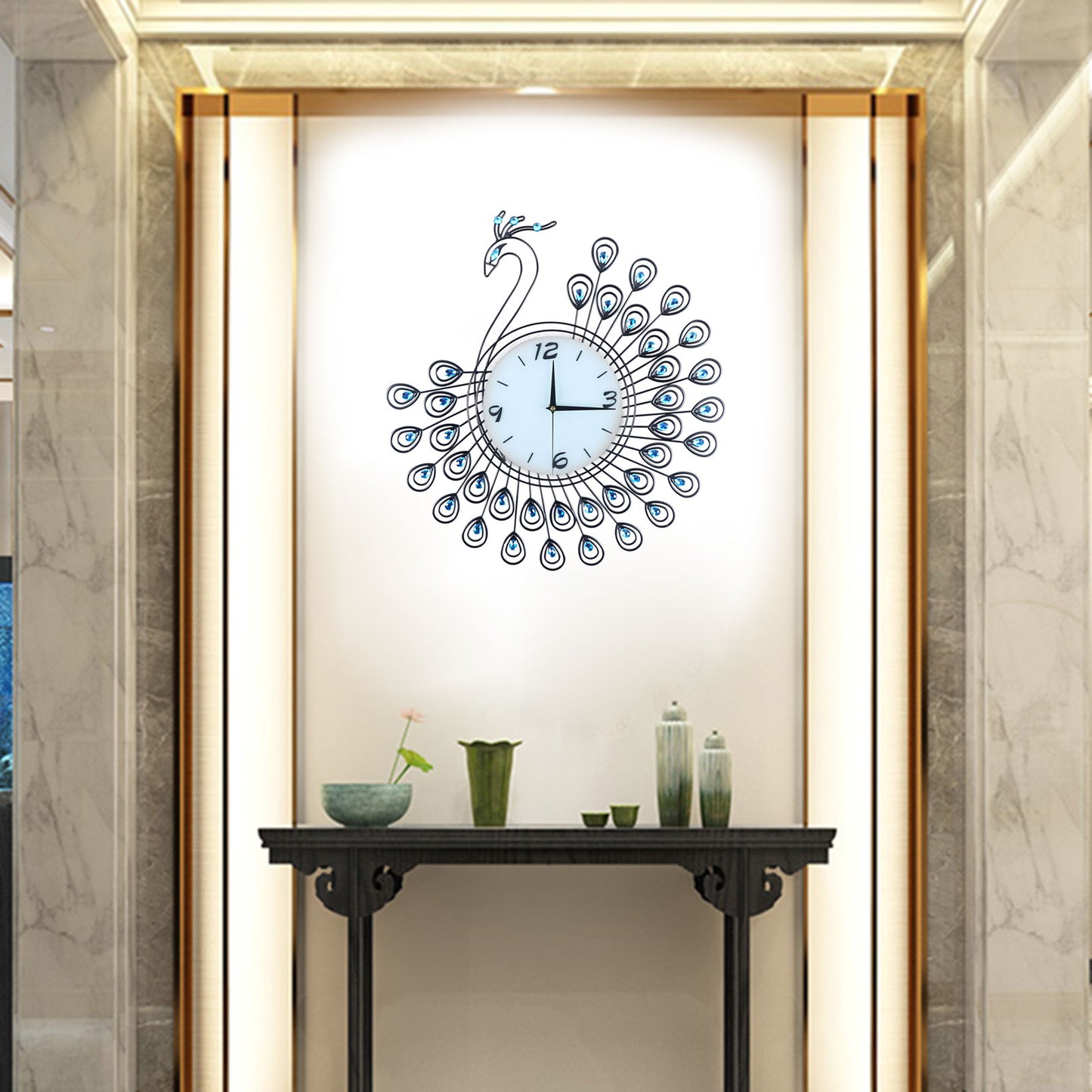 Pea-Cock Wall Clocks Luxury 3D Crystal Quartz Home Decoration