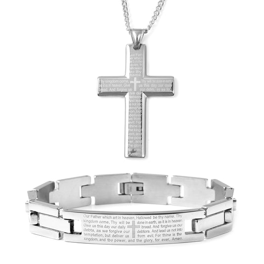 Women Stainless Steel Bracelet & Cross Pendant Necklace Set